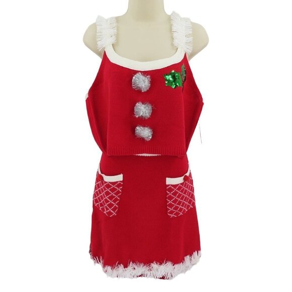 No Boundaries XL Juniors Mrs Claus Christmas Crop Top Skirt Set Knit Fringe NEW - Picture 1 of 14